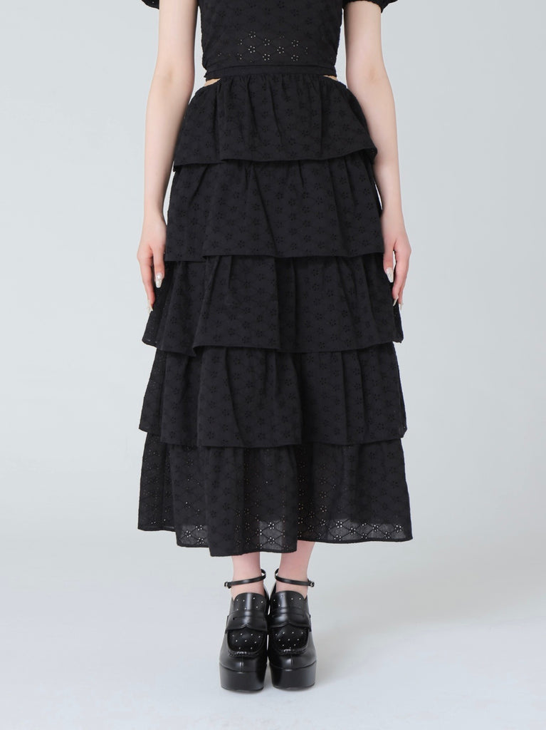 Cotton lace tiered long skirt(eme10477)