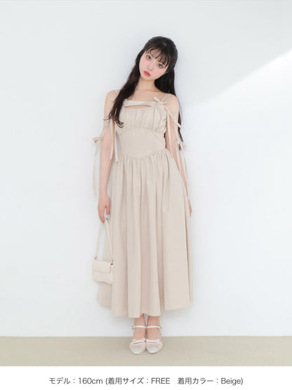 Ribbon gather flare long onepiece(eme10713)