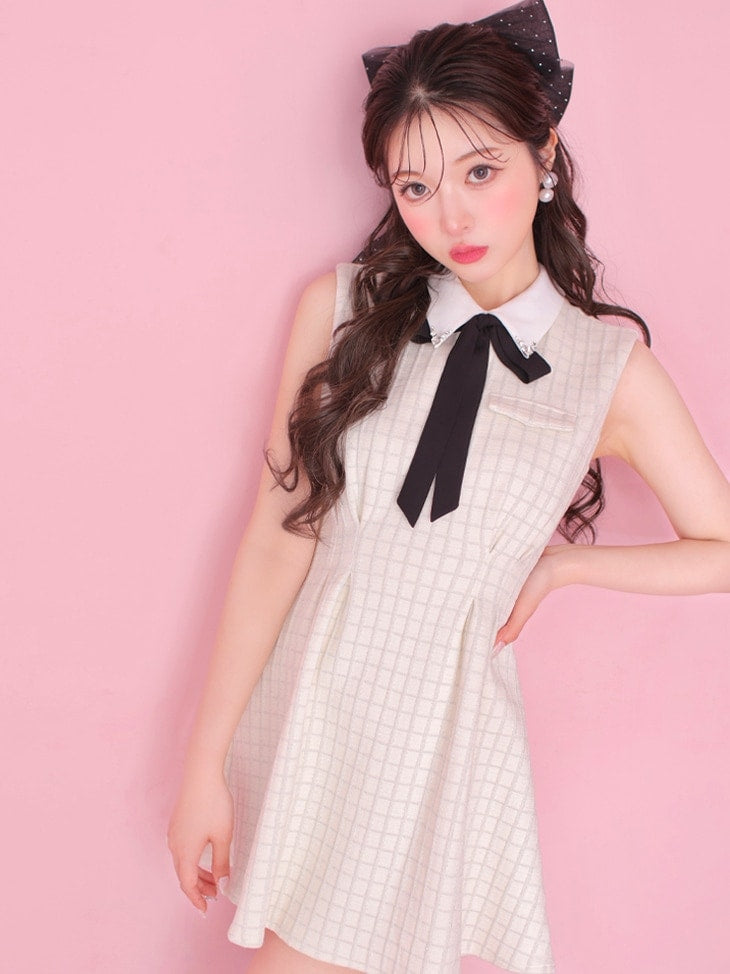 Bijou collar ribbon mini onepiece(eme10518)
