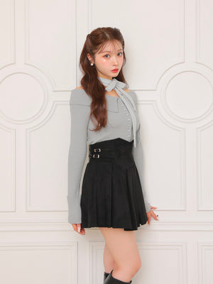 Decollete ribbon off shoulder knit tops(eme10371)