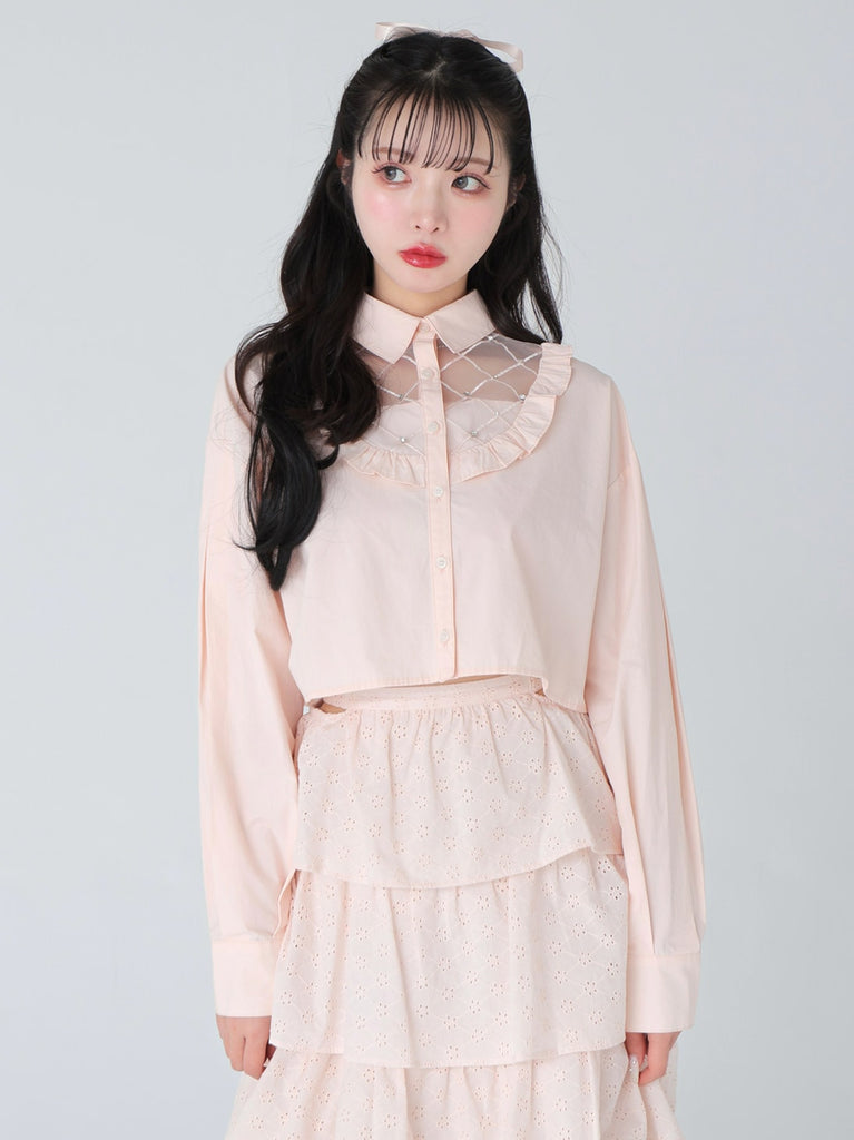 【SALE】Sheer bijou cropped shirt (eme10430)