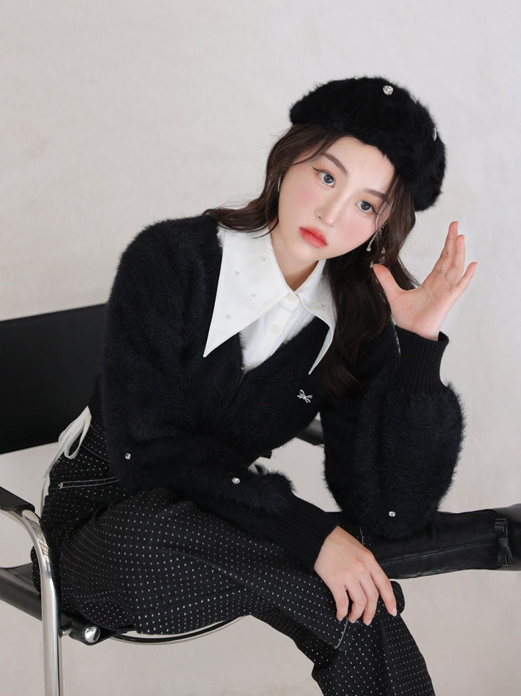 V neck shaggy knit cardigan(eme10360)