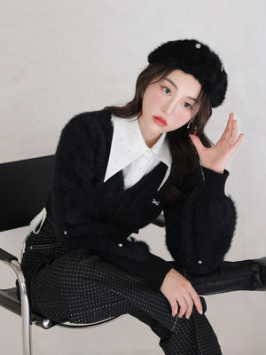 V neck shaggy knit cardigan(eme10360)