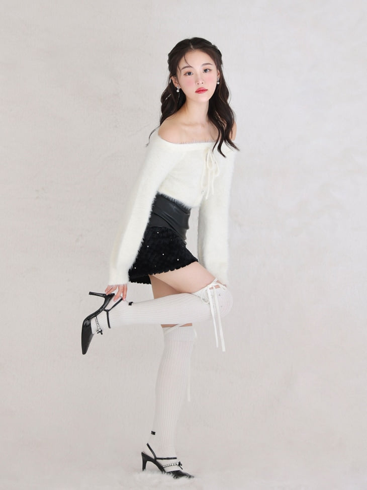 Ribbon off shoulder shaggy knit tops (eme10525)