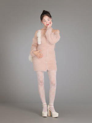 Back ribbon shaggy knit mini onepiece(eme10376)