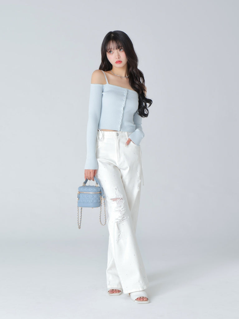 Off shoulder ribbon knit tops(eme10397)