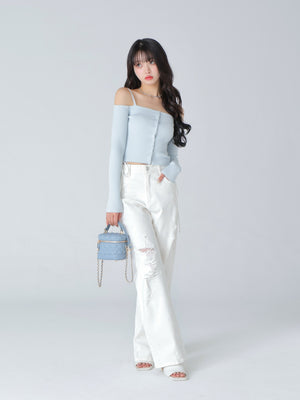 Off shoulder ribbon knit tops(eme10397)