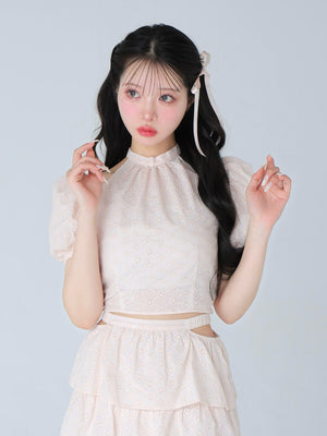 Cotton lace cut-out tops(eme10476)