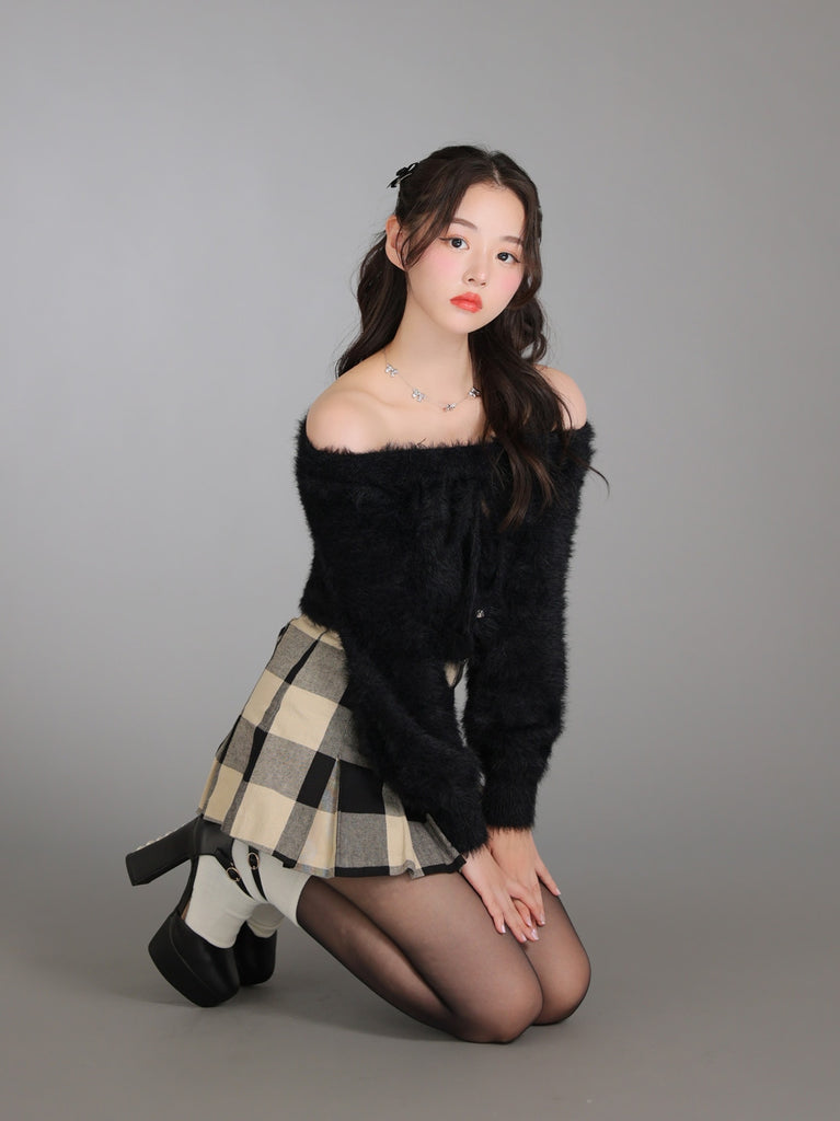 Ribbon off shoulder shaggy knit tops (eme10525)