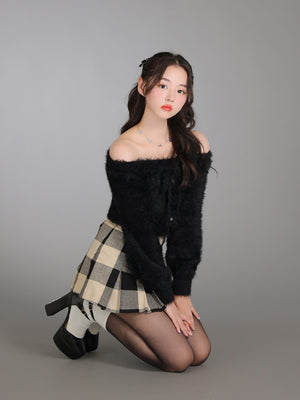 Ribbon off shoulder shaggy knit tops (eme10525)