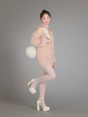 Back ribbon shaggy knit mini onepiece(eme10376)