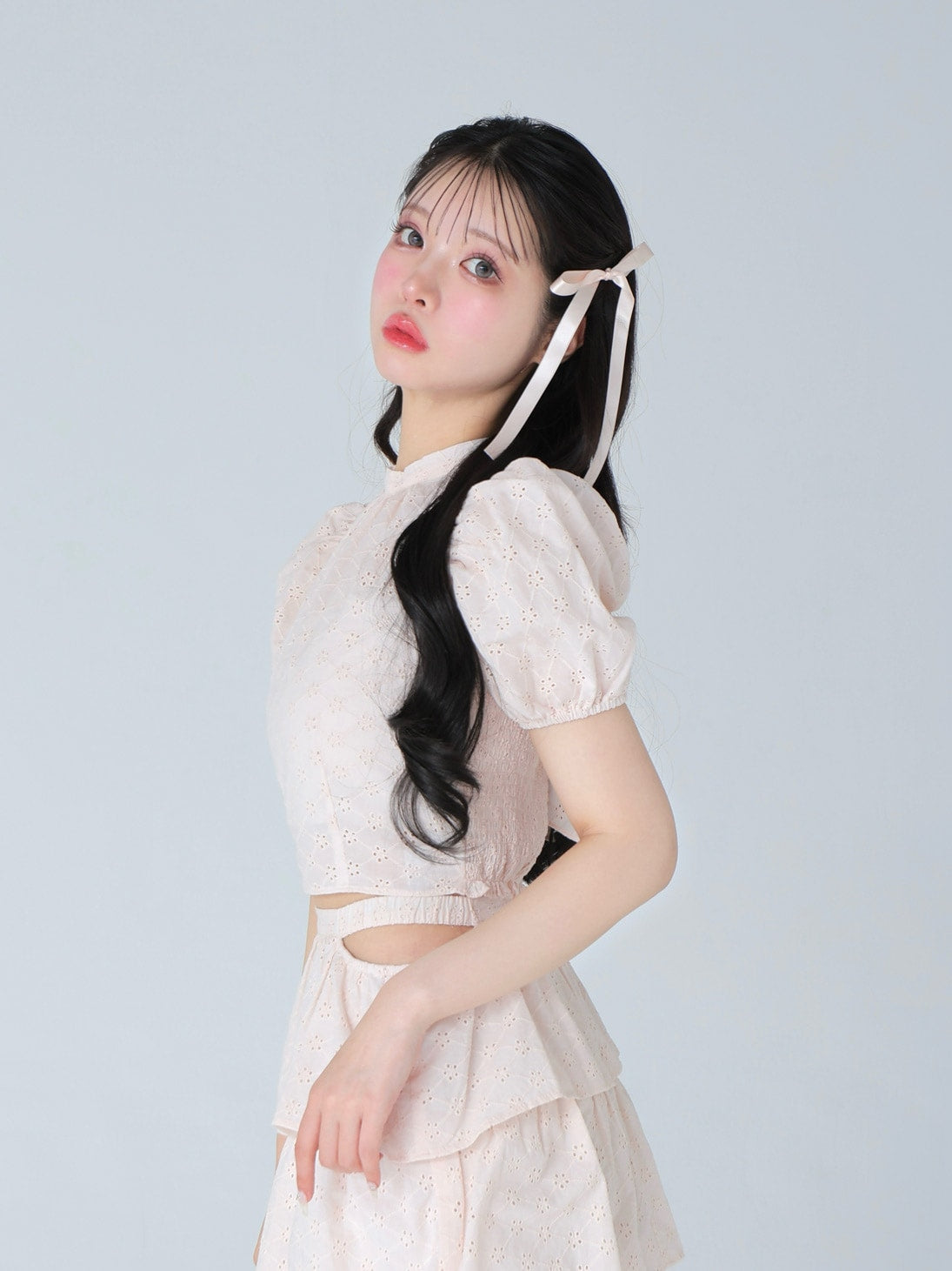 Cotton lace cut-out tops(eme10476)