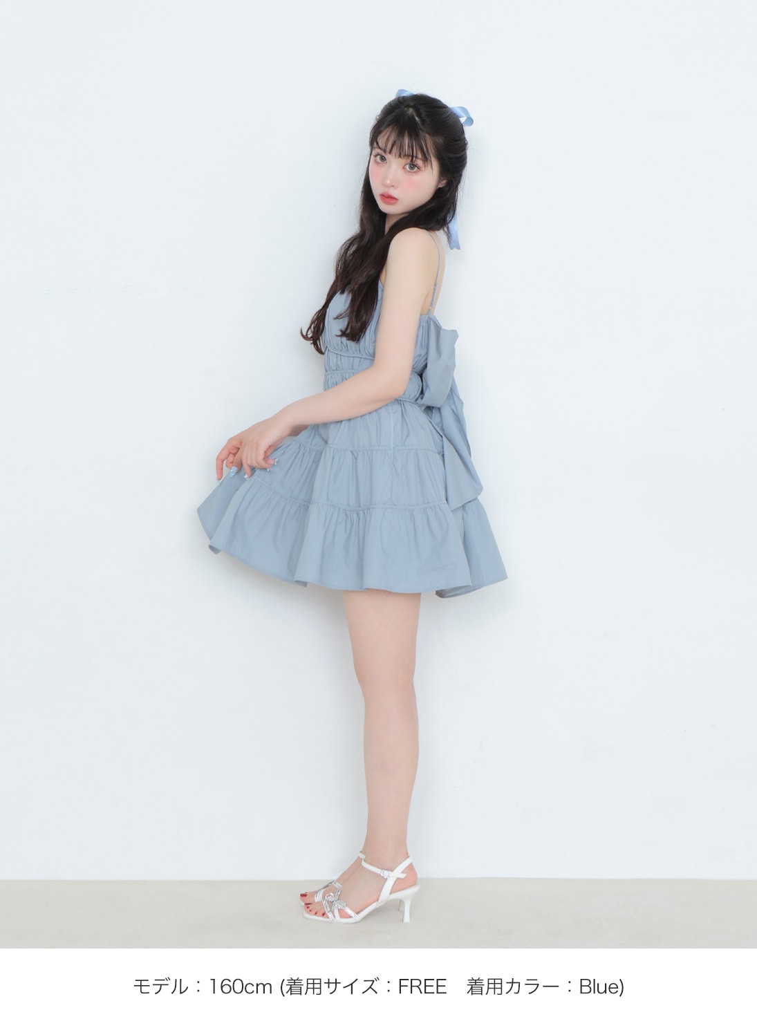 Back ribbon gather flare mini onepiece(eme10704)