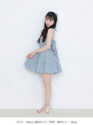 Back ribbon gather flare mini onepiece(eme10704)