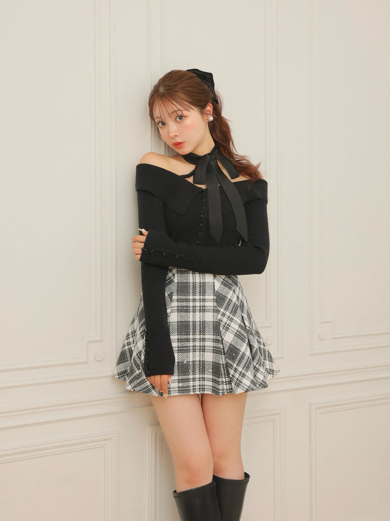 Decollete ribbon off shoulder knit tops(eme10371)