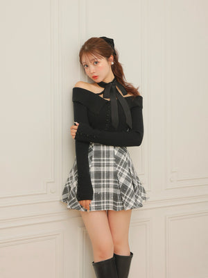 Decollete ribbon off shoulder knit tops(eme10371)