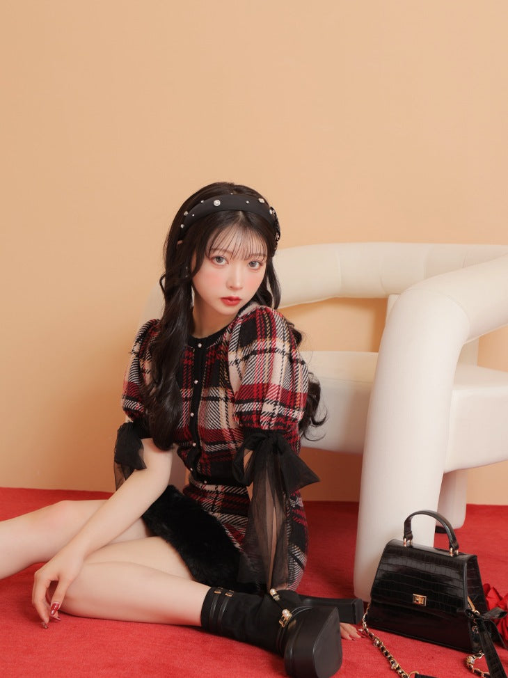 【SALE】Check knit fake fur skirt(eme10365)