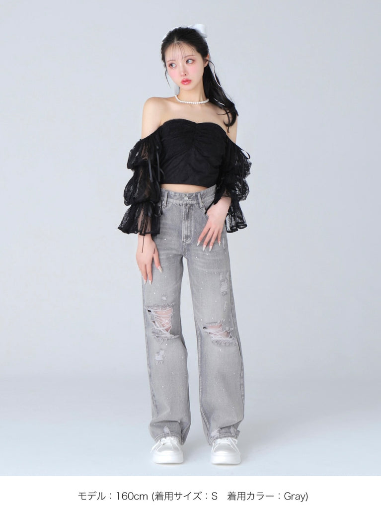 Side ribbon straight denim(eme10390)