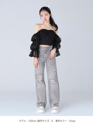 Side ribbon straight denim(eme10390)