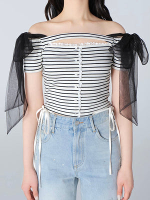 Decollete cut tulle ribbon tops(eme10398)