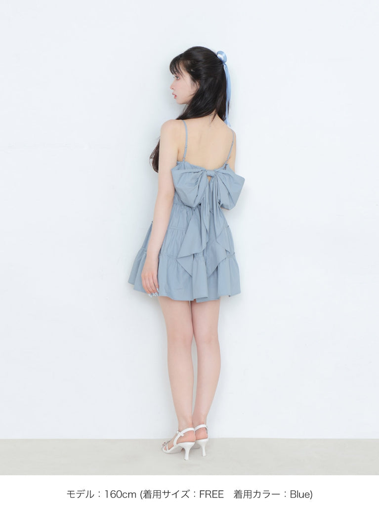 Back ribbon gather flare mini onepiece(eme10704)