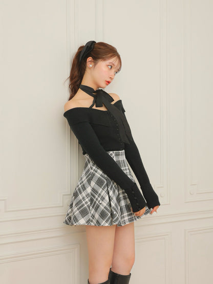 Decollete ribbon off shoulder knit tops(eme10371)