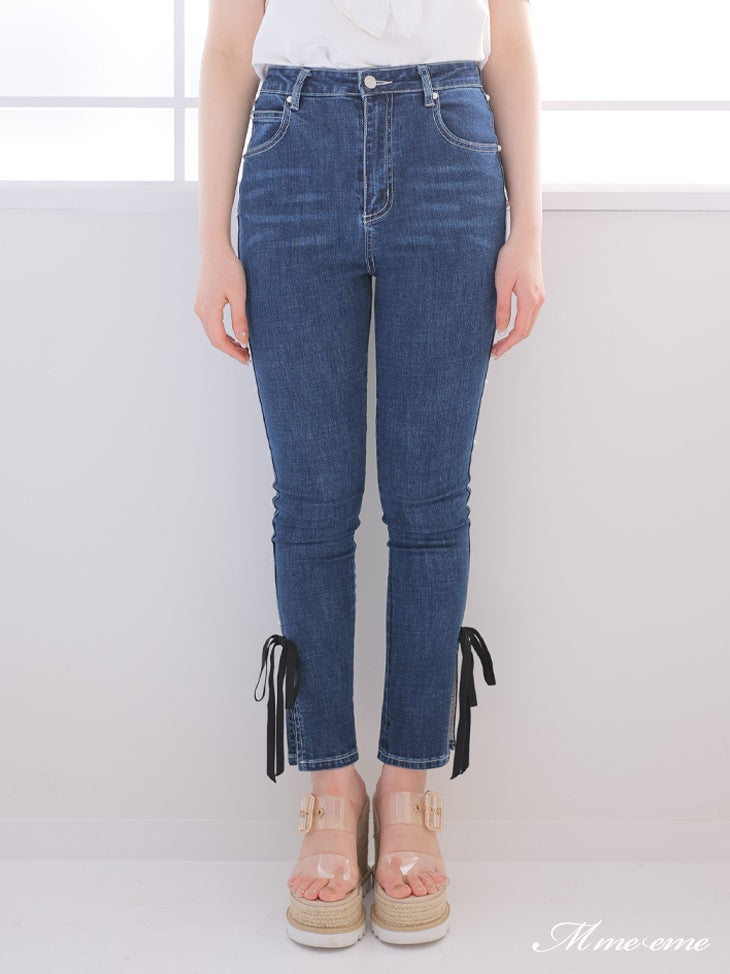 【SALE】Ribbon skinny denim (eme10128)