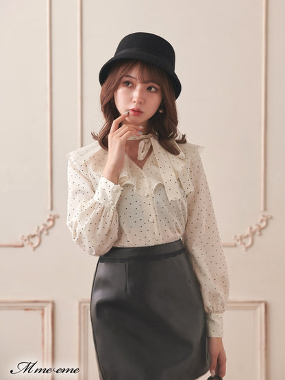 【SALE】Dot flocky ruffle ribbon blouse (eme10228)
