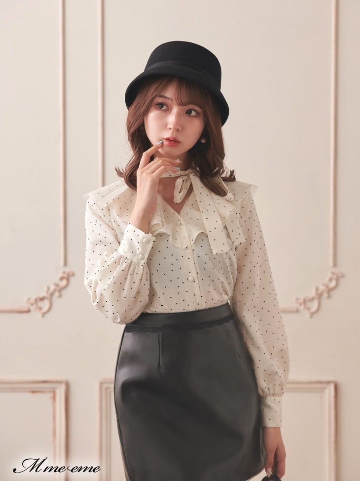 【SALE】Dot flocky ruffle ribbon blouse (eme10228)