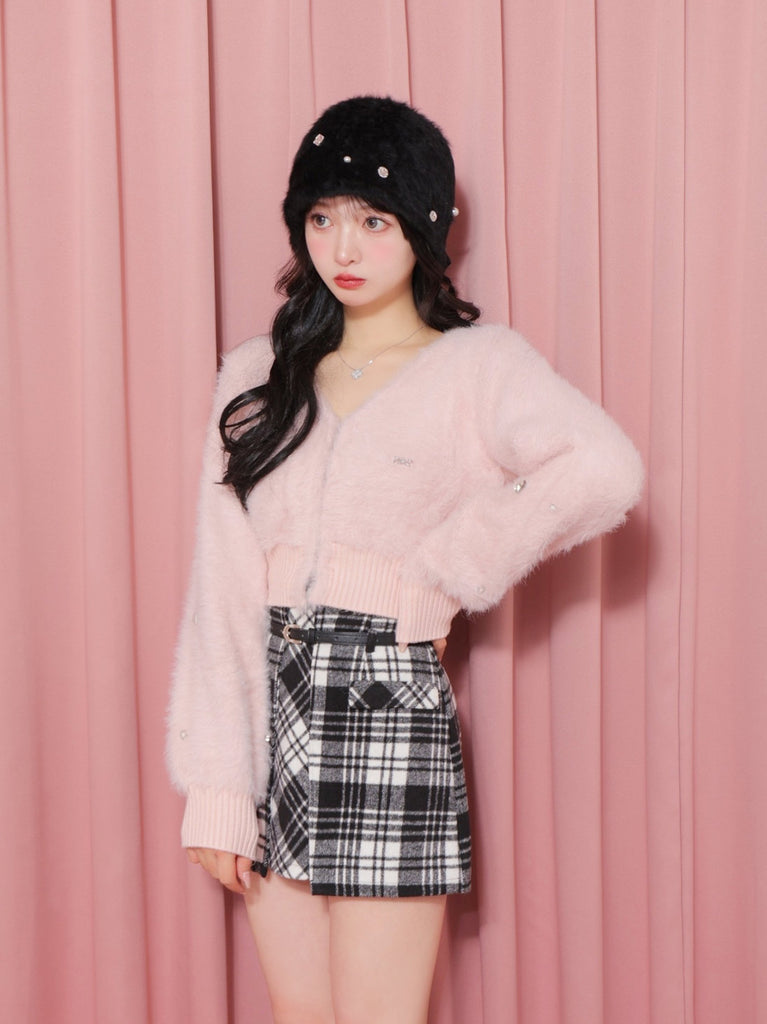 V neck shaggy knit cardigan(eme10360)