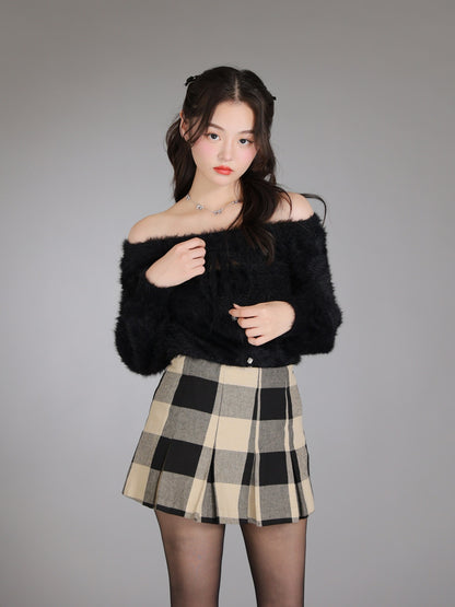 Ribbon off shoulder shaggy knit tops (eme10525)