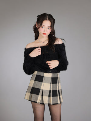 Ribbon off shoulder shaggy knit tops (eme10525)