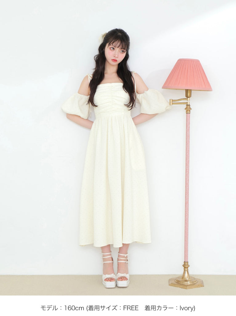Puff sleeves studded long onepiece(eme10487)