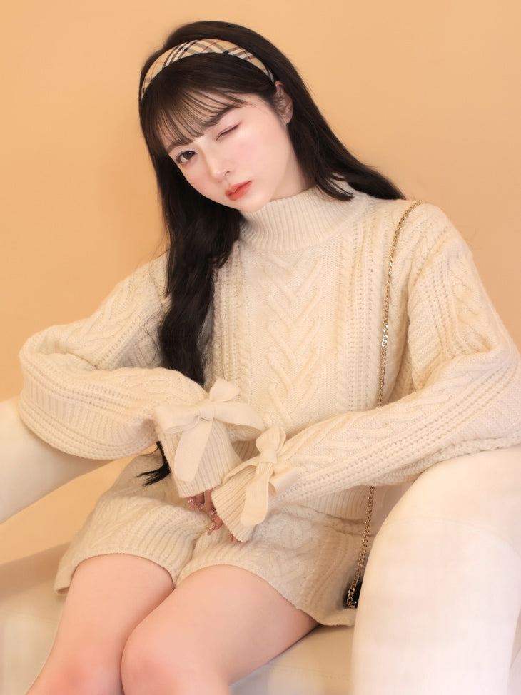 【SALE】Heart cable ribbon knit tops (eme10249)