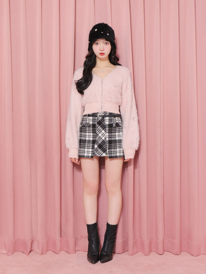 V neck shaggy knit cardigan(eme10360)