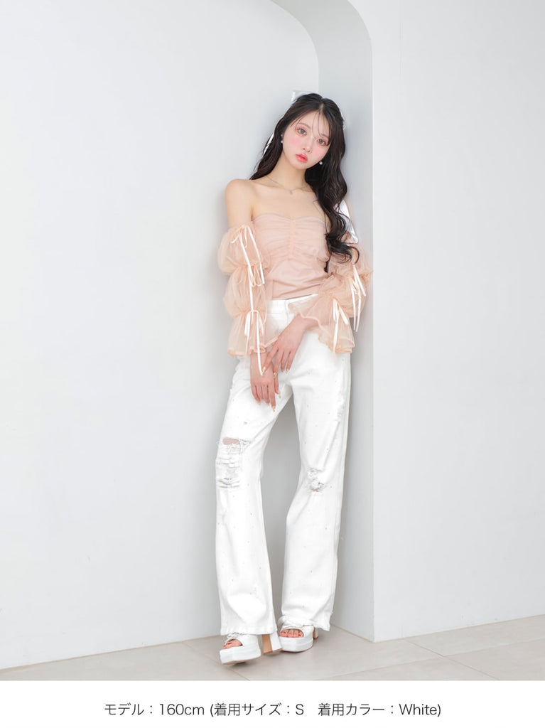 Side ribbon straight denim(eme10390)