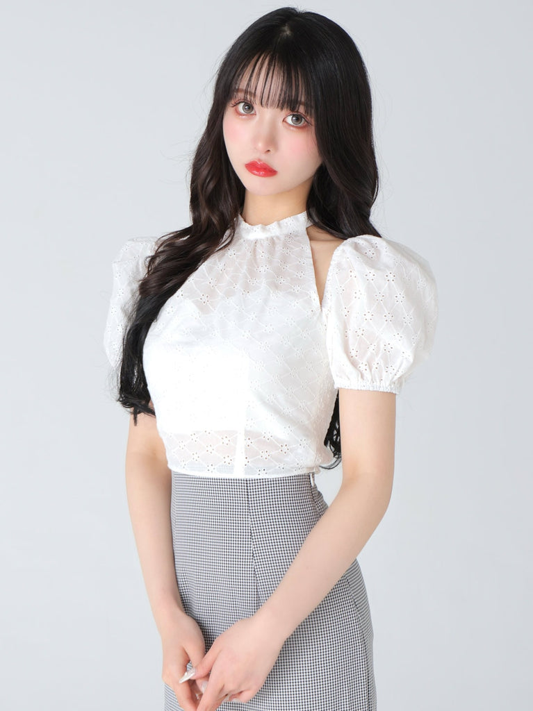 Cotton lace cut-out tops(eme10476)