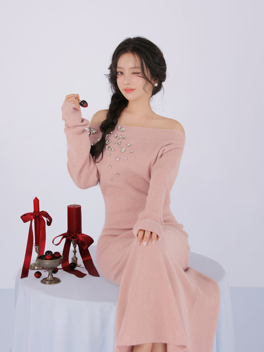 【SALE】Jewelry off the shoulder knit  onepiece(eme10734)