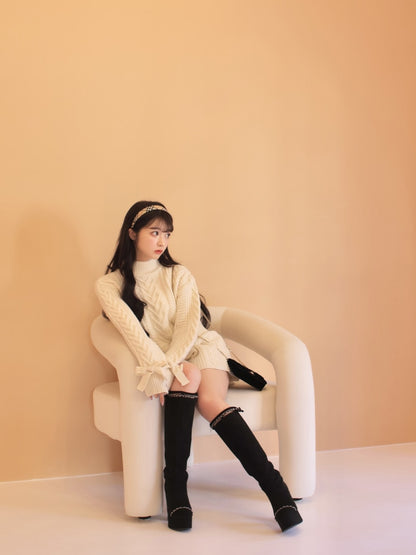 【SALE】Heart cable ribbon knit tops (eme10249)