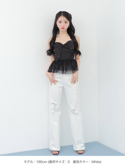 Side ribbon straight denim(eme10390)