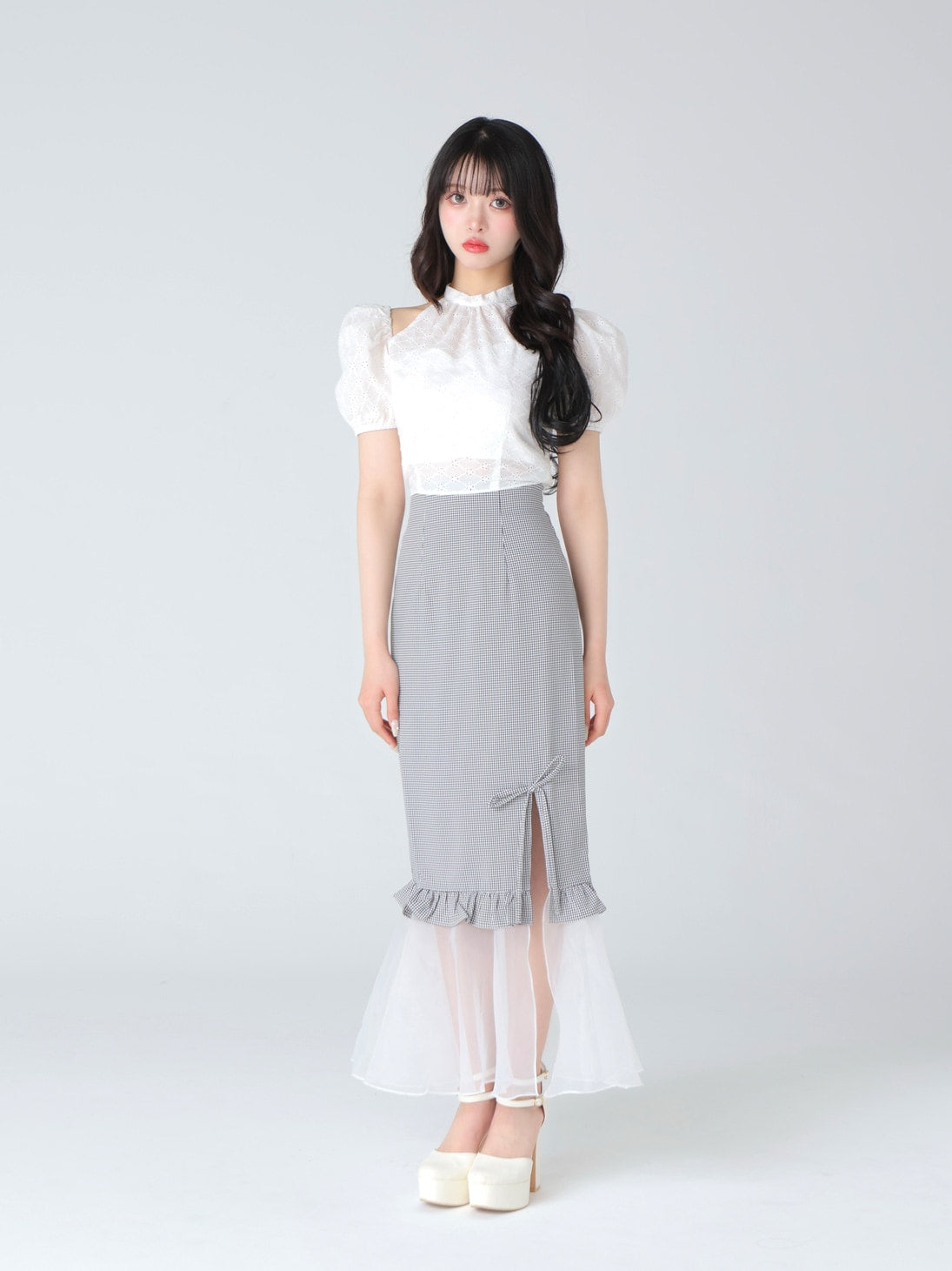 Cotton lace cut-out tops(eme10476)