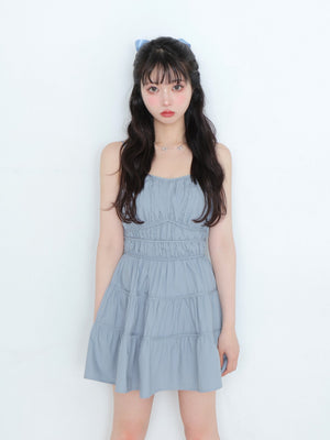 Back ribbon gather flare mini onepiece(eme10704)