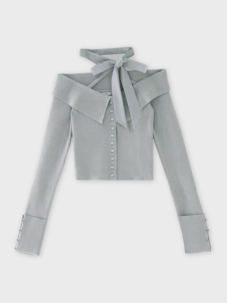 Decollete ribbon off shoulder knit tops(eme10371)