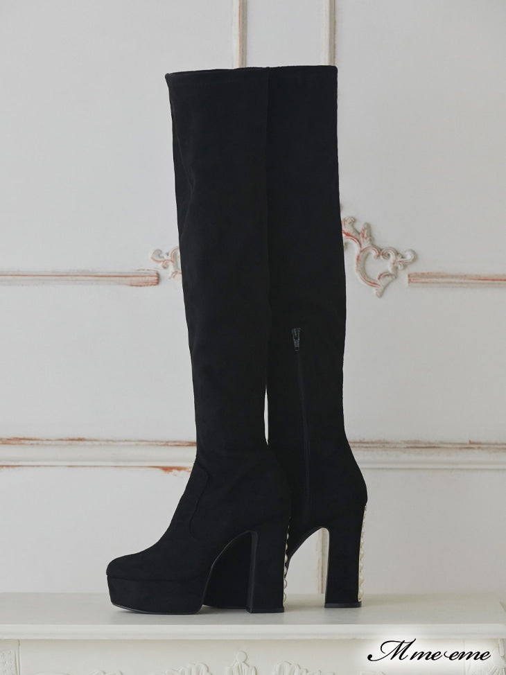 【SALE】Pearl heel knee high boots (eme10280)