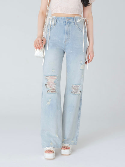 Side ribbon straight denim(eme10390)