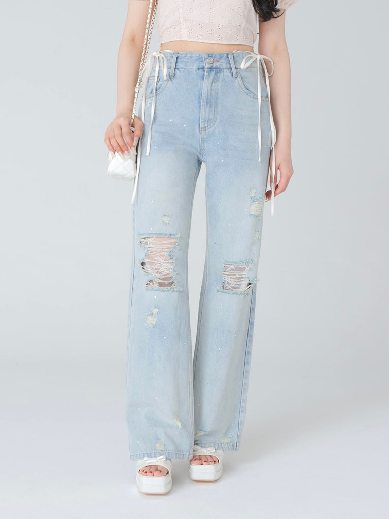 Side ribbon straight denim(eme10390)