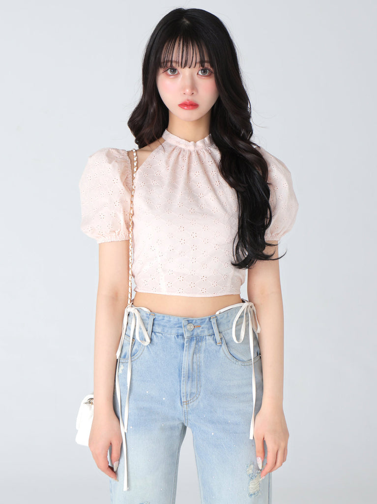 Cotton lace cut-out tops(eme10476)