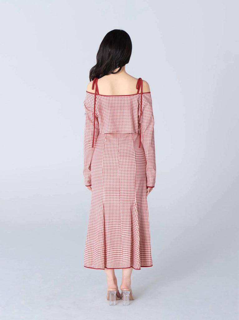 Gingham check ensemble long onepiece(eme10812)