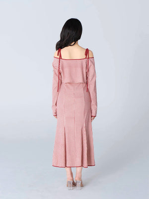 Gingham check ensemble long onepiece(eme10812)