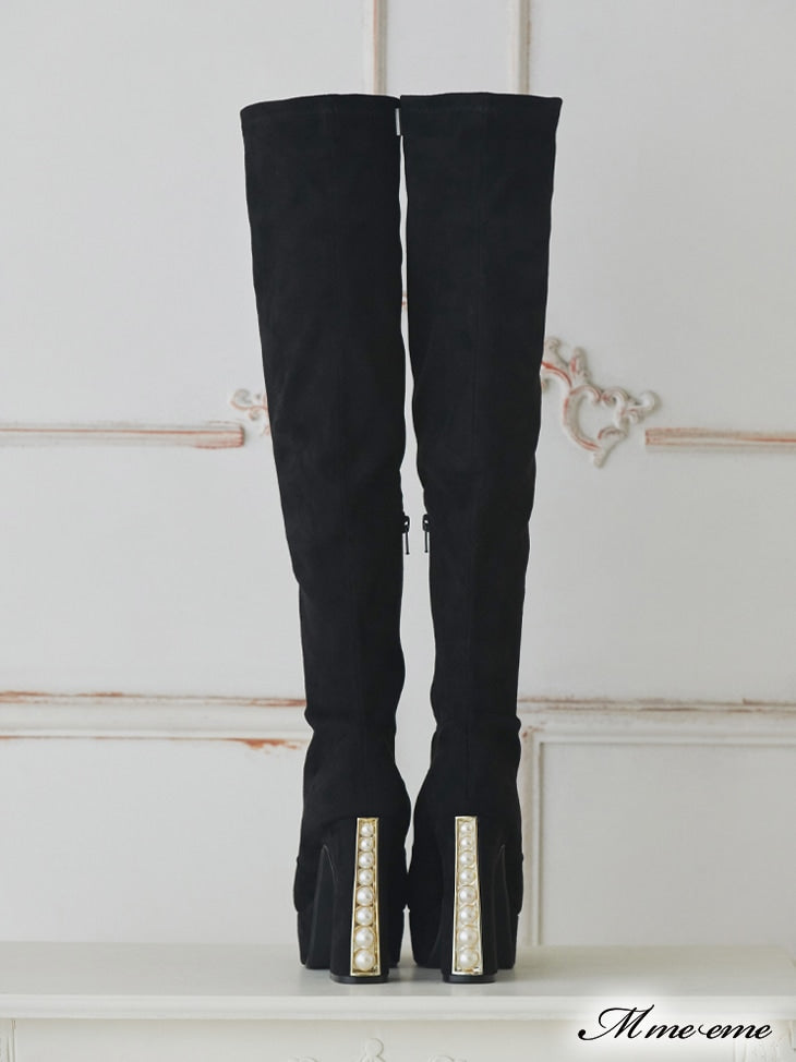 【SALE】Pearl heel knee high boots (eme10280)